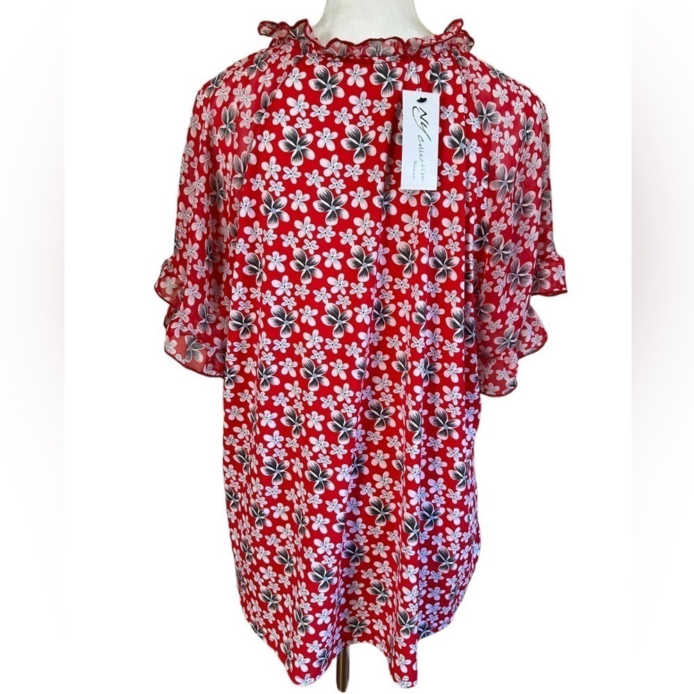 NY COLLECTION 2X Red Gray Floral Plus Size Relaxed Fit Women's Blouse top shirt - Picture 3 of 13